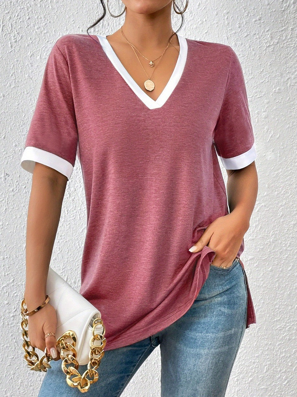 Damen V-Ausschnitt Shirt mit Kontrastärmeln und Bequemer Passform Heidi-Mode - Image 6