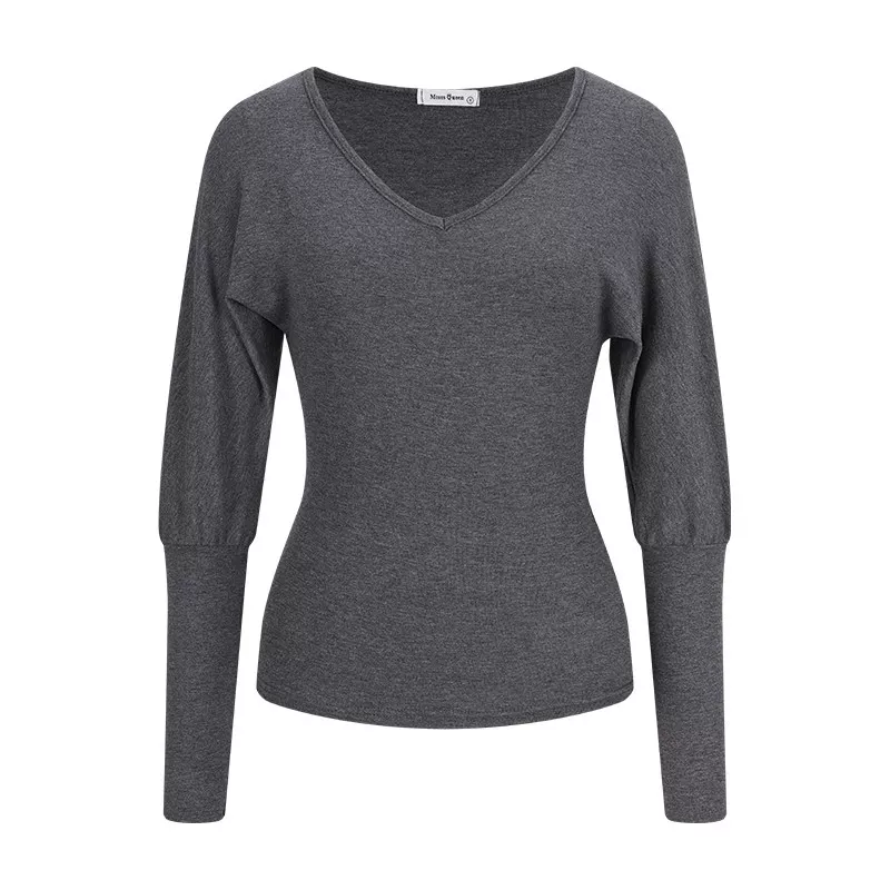 Damen V-Ausschnitt Strickshirt mit Fledermausärmeln und schmaler Taille - Image 8