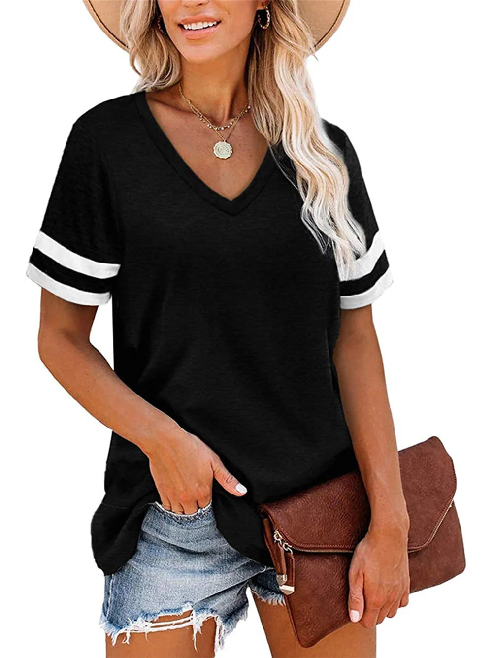 Damen V-Ausschnitt T-Shirt mit Sportlichem Streifenmuster und Lockerem Schnitt Heidi-Mode - Image 7