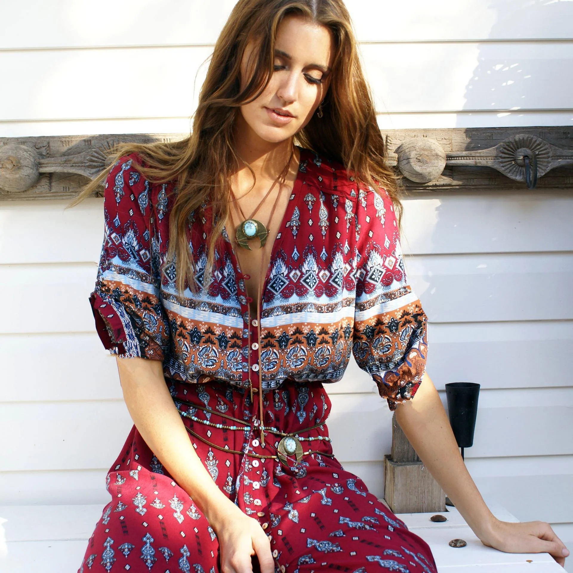 Damen Viskose-Jumpsuit mit Buntem Ethno-Design und Schwingenden Ärmeln Heidi-Mode - Image 6