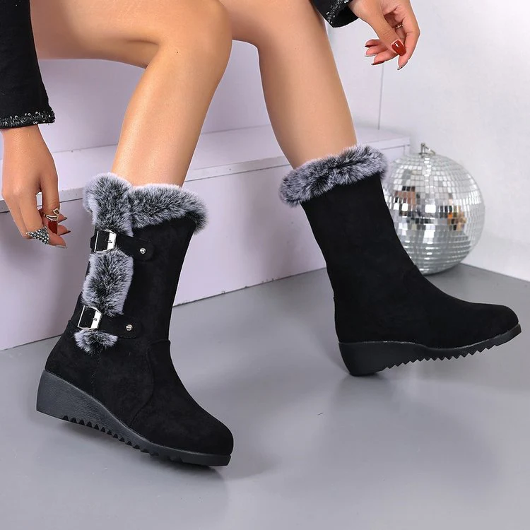 Damen Wedge-Stiefel mit gefüttertem Kunstfellkragen und verstellbaren Schnallen Heidi Mode - Image 4