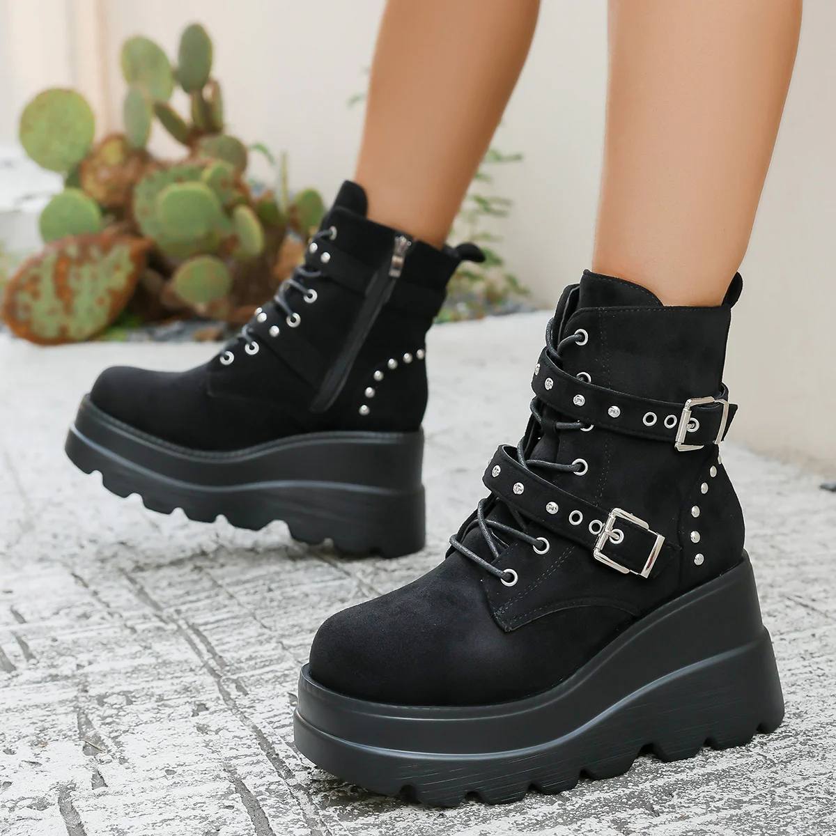 Damen Wedge-Stiefel mit modischen Schnallen und robustem Plateau Heidi Mode - Image 2