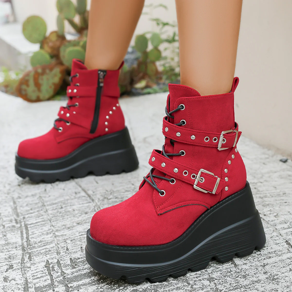 Damen Wedge-Stiefel mit modischen Schnallen und robustem Plateau Heidi Mode - Image 7
