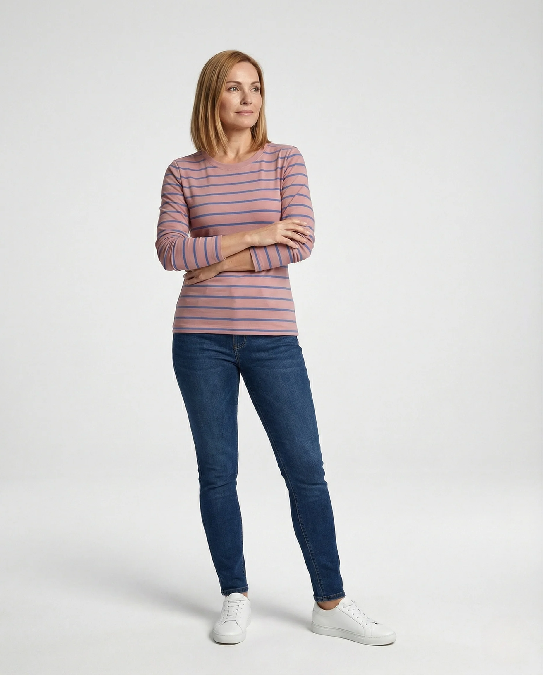 Damen Weißer Strickpullover Slim Fit gestreiftes Langarmshirt aus feinem Baumwolljersey mit Rundhals und schmaler Silhouette Heidi Mode