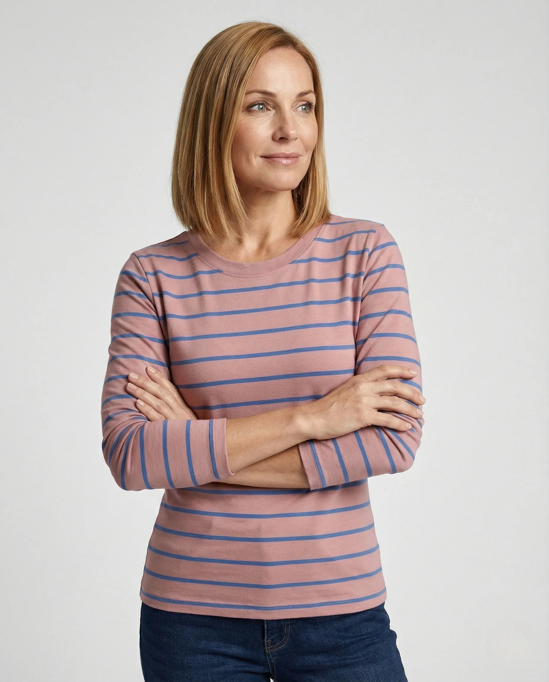 Damen Weißer Strickpullover Slim Fit gestreiftes Langarmshirt aus feinem Baumwolljersey mit Rundhals und schmaler Silhouette Heidi Mode - Image 2