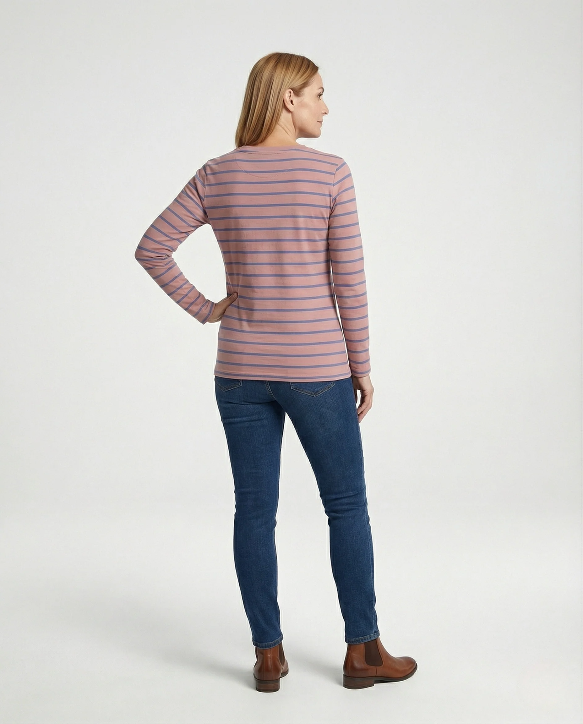 Damen Weißer Strickpullover Slim Fit gestreiftes Langarmshirt aus feinem Baumwolljersey mit Rundhals und schmaler Silhouette Heidi Mode - Image 4
