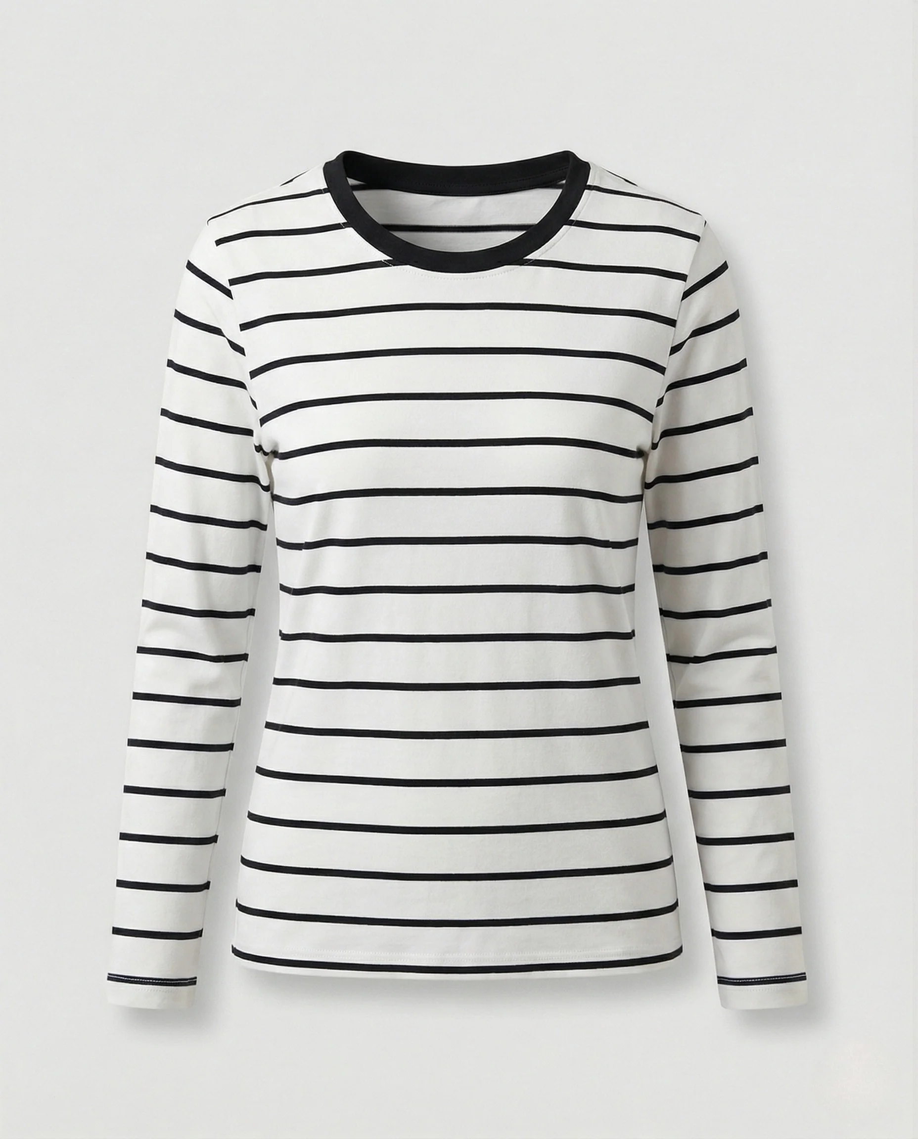 Damen Weißer Strickpullover Slim Fit gestreiftes Langarmshirt aus feinem Baumwolljersey mit Rundhals und schmaler Silhouette Heidi Mode - Image 9