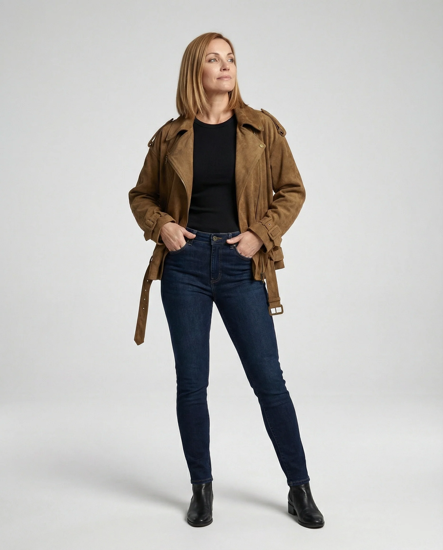 Damen weit geschnittene Velours-Bikerjacke mit asymmetrischem Reißverschluss Taillengürtel und verstellbaren Manschetten Heidi-Mode - Image 2