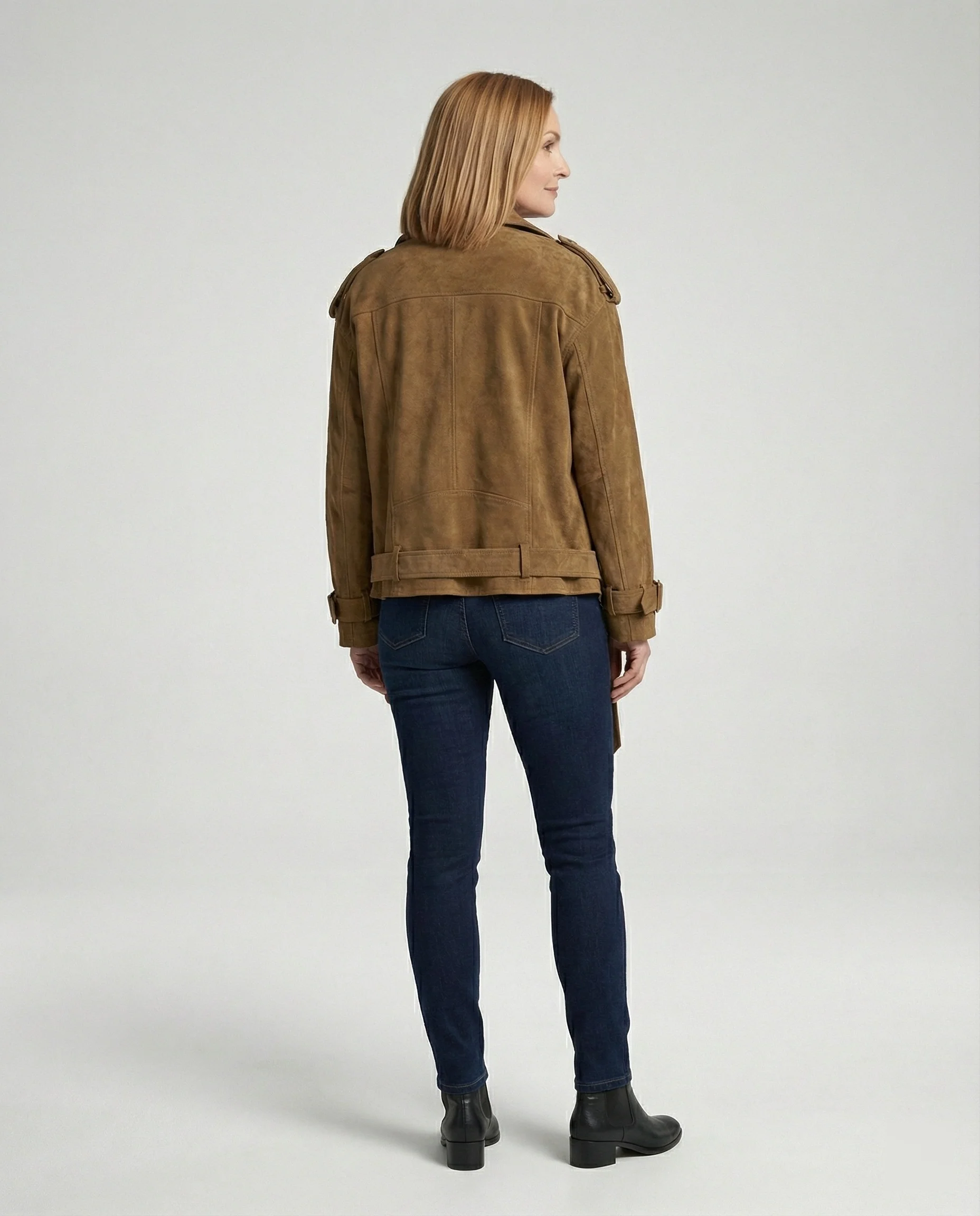 Damen weit geschnittene Velours-Bikerjacke mit asymmetrischem Reißverschluss Taillengürtel und verstellbaren Manschetten Heidi-Mode - Image 3