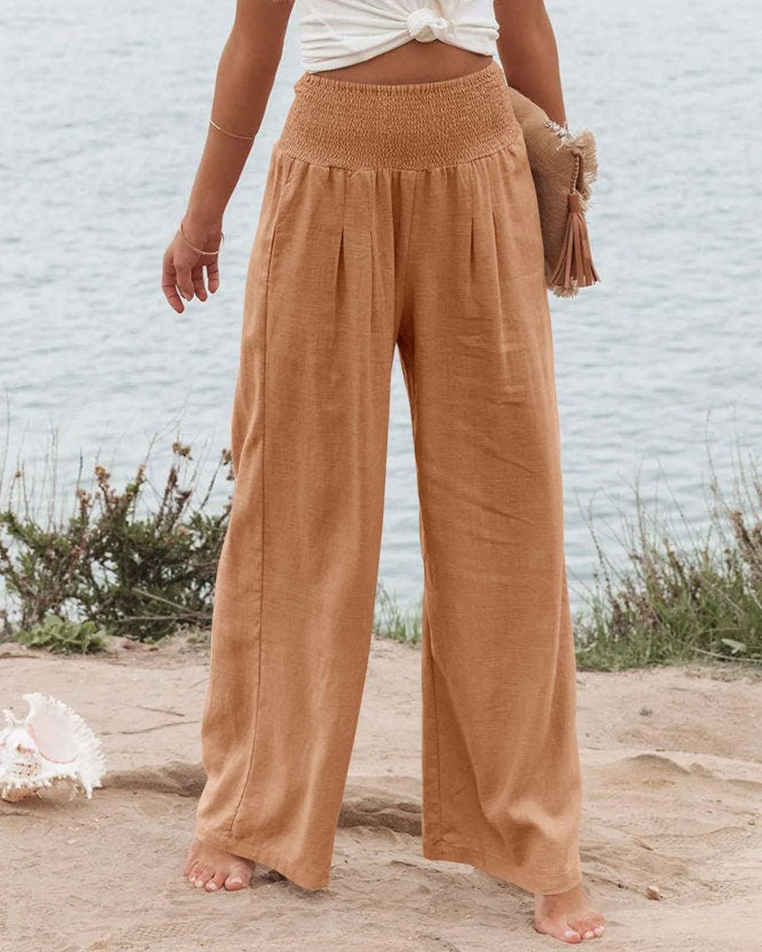 Damen Weite Leinenhose mit Elastischem Bund und Falten Heidi-Mode - Image 3