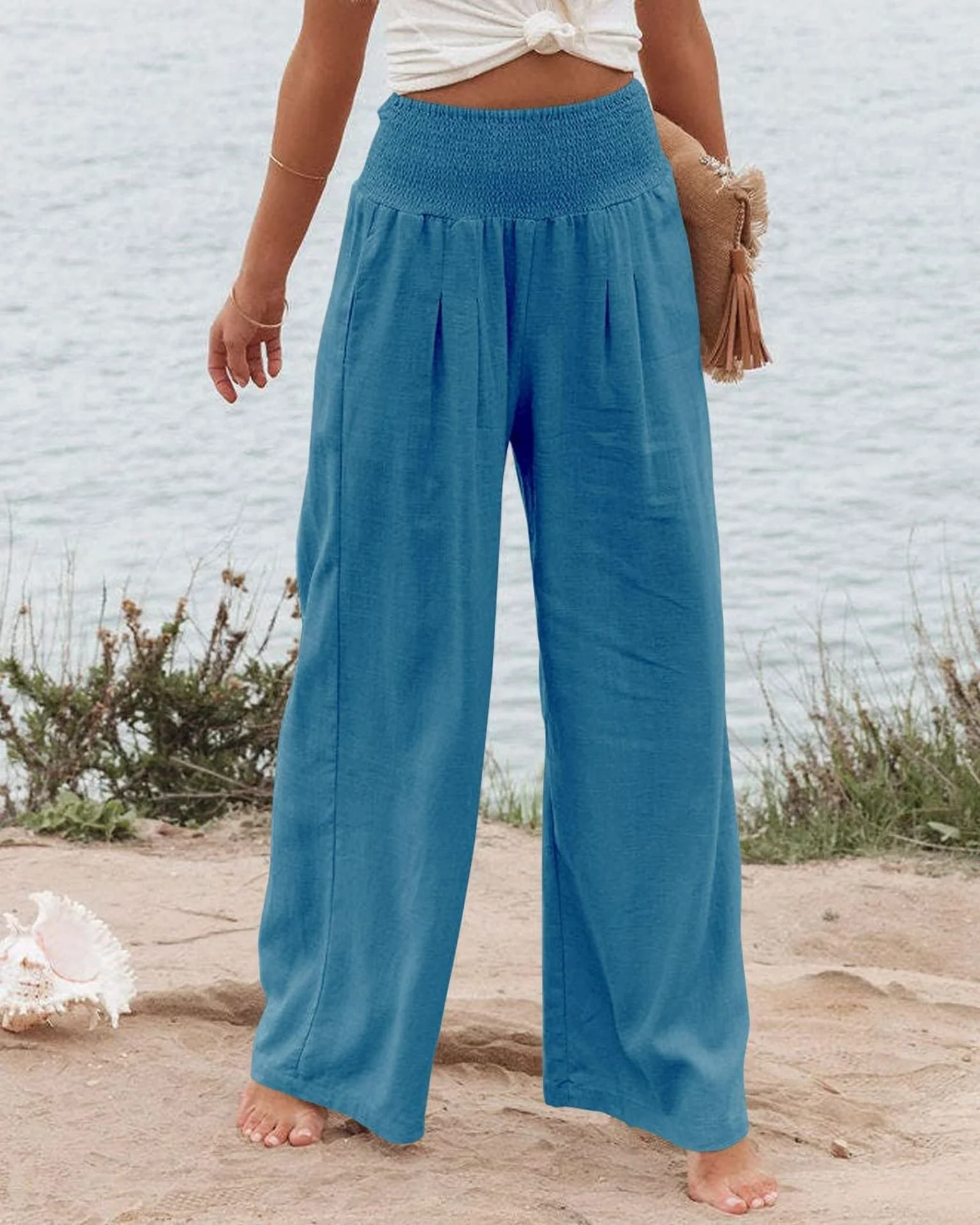 Damen Weite Leinenhose mit Elastischem Bund und Falten Heidi-Mode - Image 4