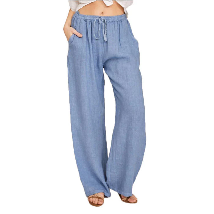 Damen Weite Leinenhose mit Elastischem Bund und Praktischen Taschen Heidi-Mode