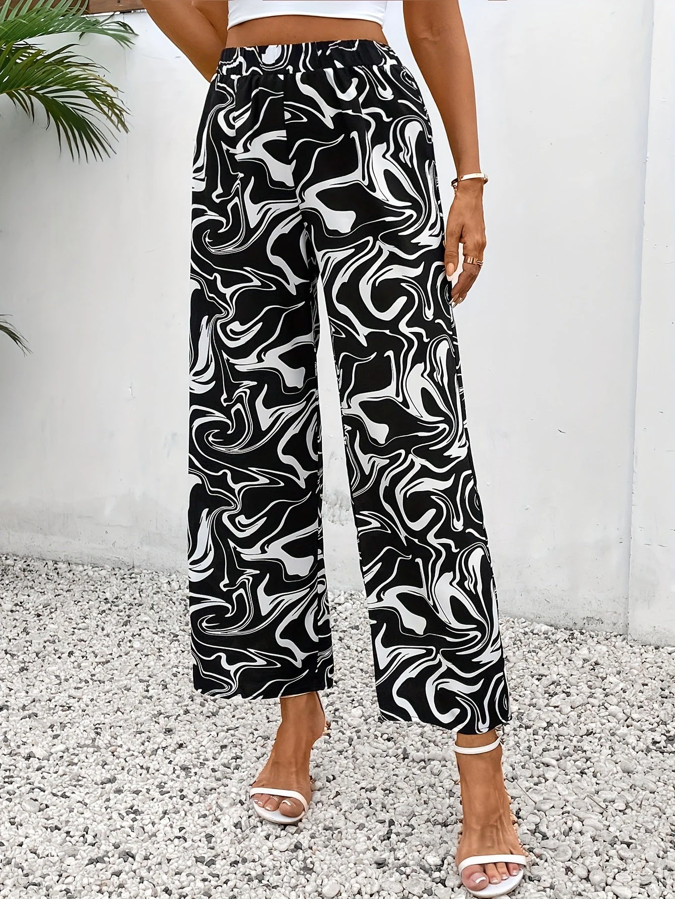 Damen Weite Palazzo-Hose mit Modernem Marmorprint und Elastischem Bund Heidi-Mode - Image 8