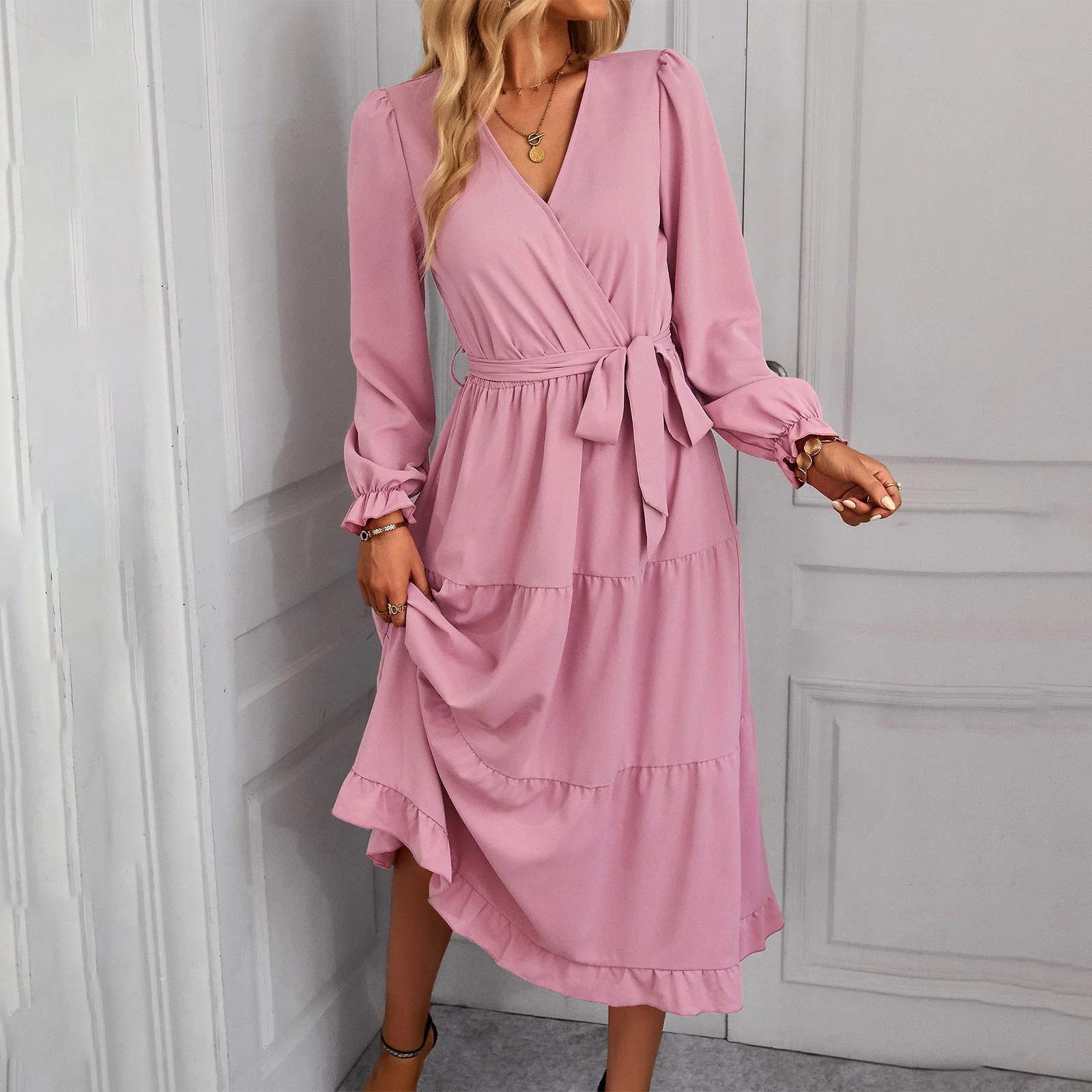 Damen Wickelkleid mit Rüschen und Taillengürtel Heidi-Mode - Image 8