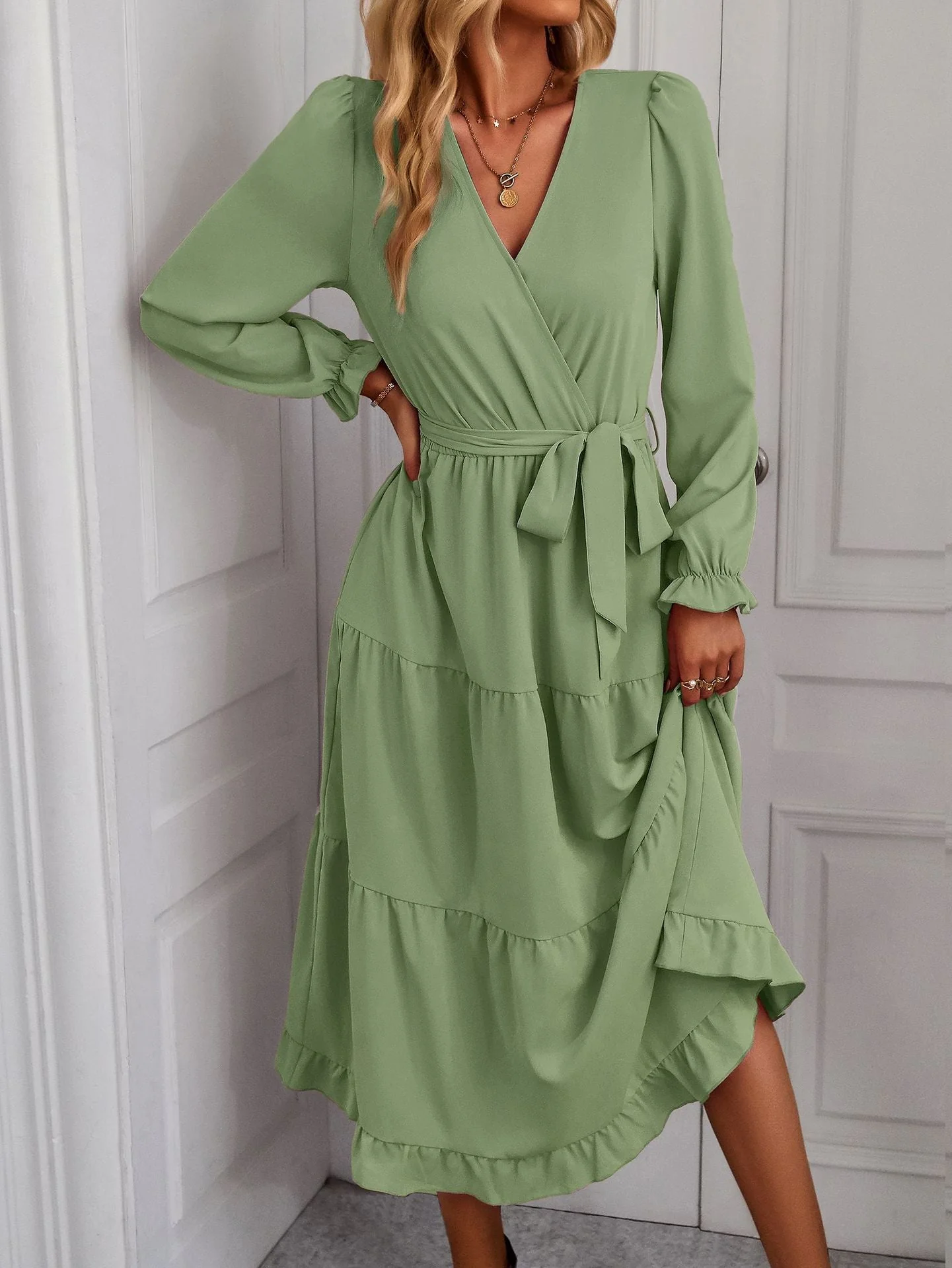Damen Wickelkleid mit Rüschen und Taillengürtel Heidi-Mode - Image 9