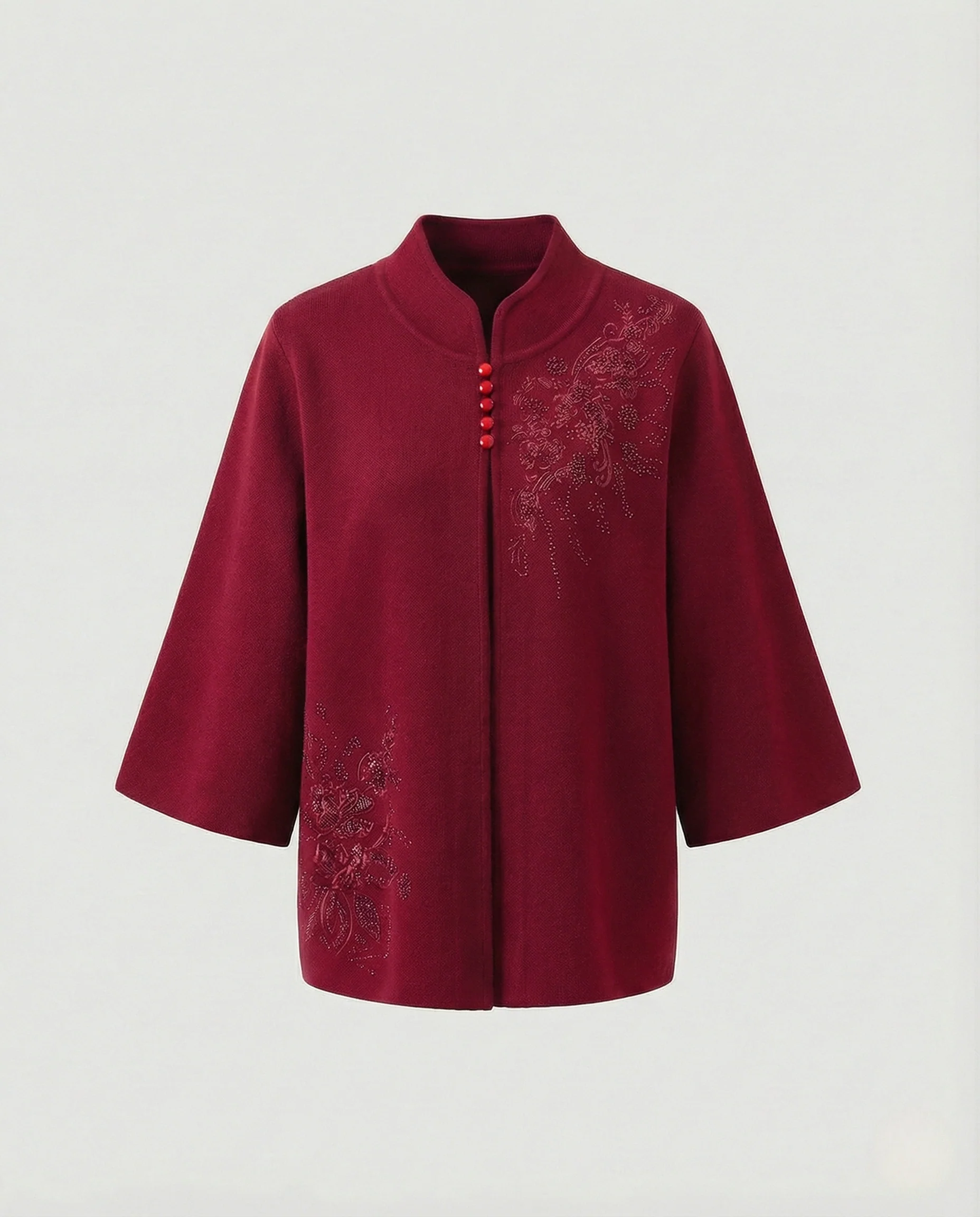 Zweilagige Cape-Strickjacke mit Stehkragen Umschlagärmeln und filigraner Blumenstickerei Heidi Mode - Image 6