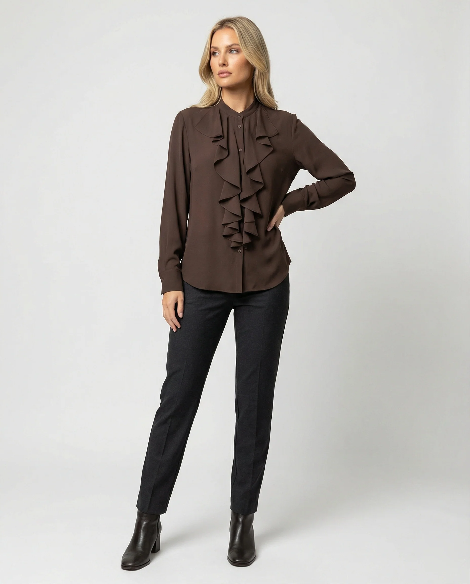 Elegante Damen Bluse mit Rüschenkragen Französischer Stil Braun Langarm - Image 3