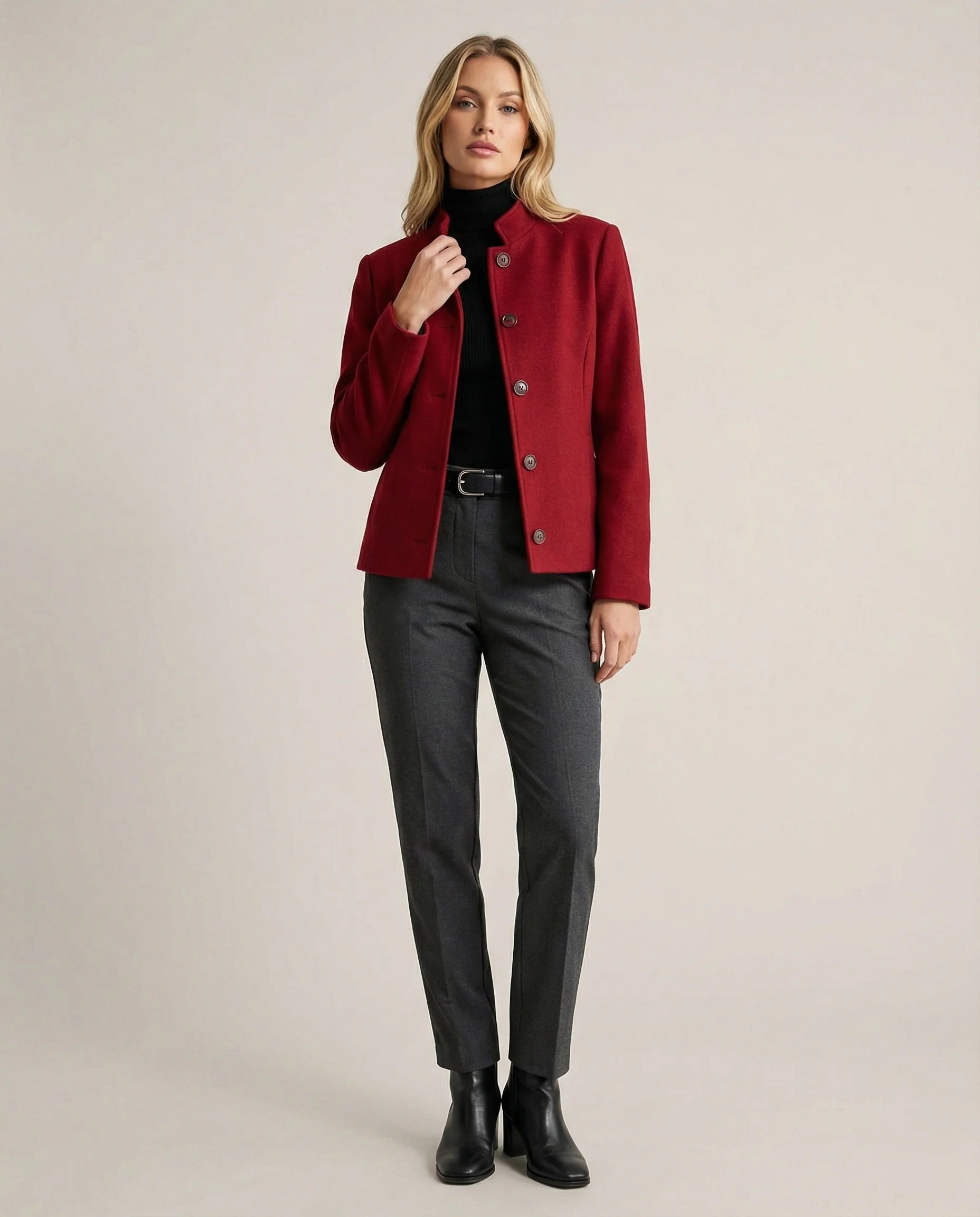 Eleganter Roter New Chinese Style Blazer mit Stehkragen und Schulterpolstern - Image 3