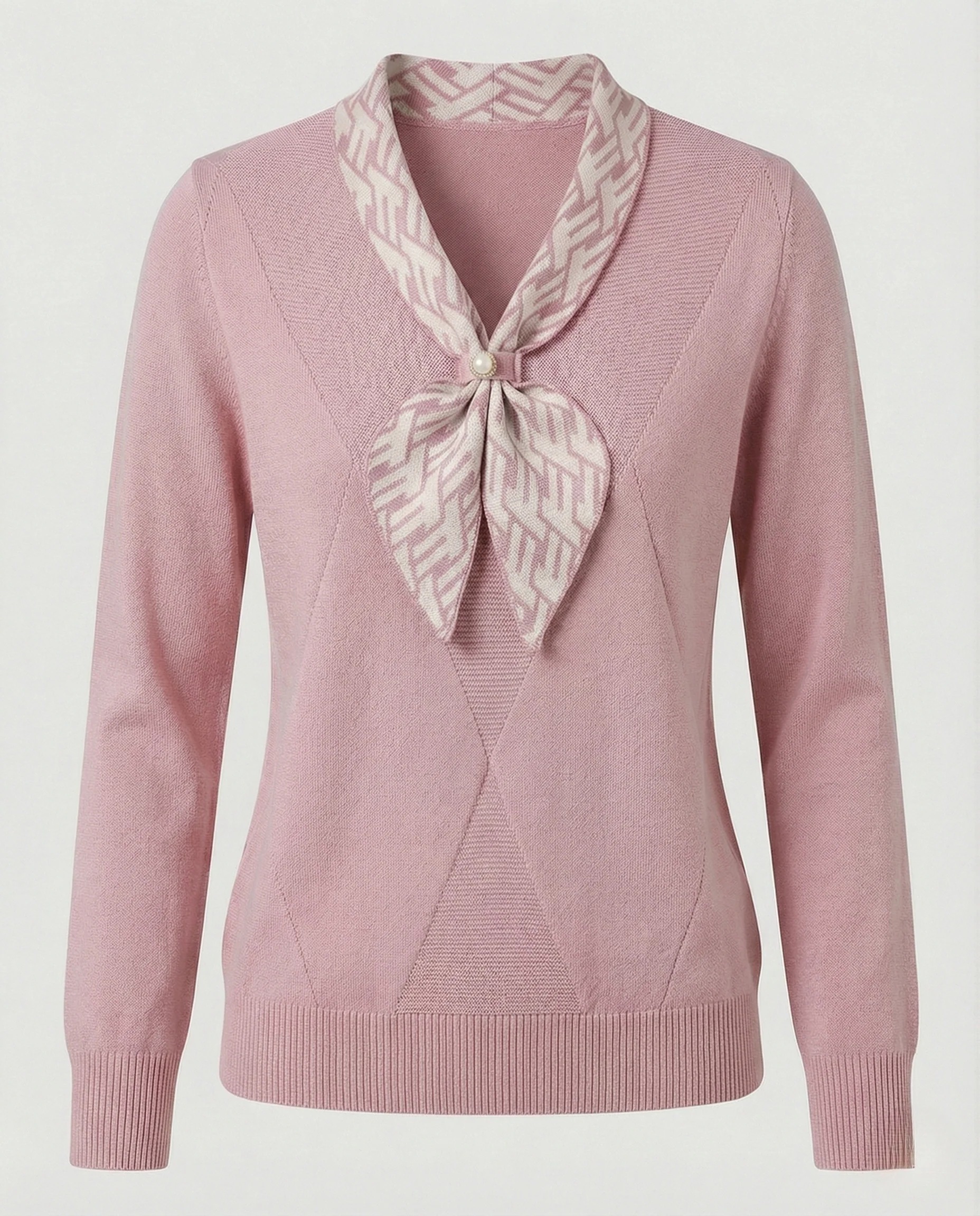 Feinstrickpullover mit integriertem Schleifenkragen, Perlenbrosche und Rautendekor - Image 6