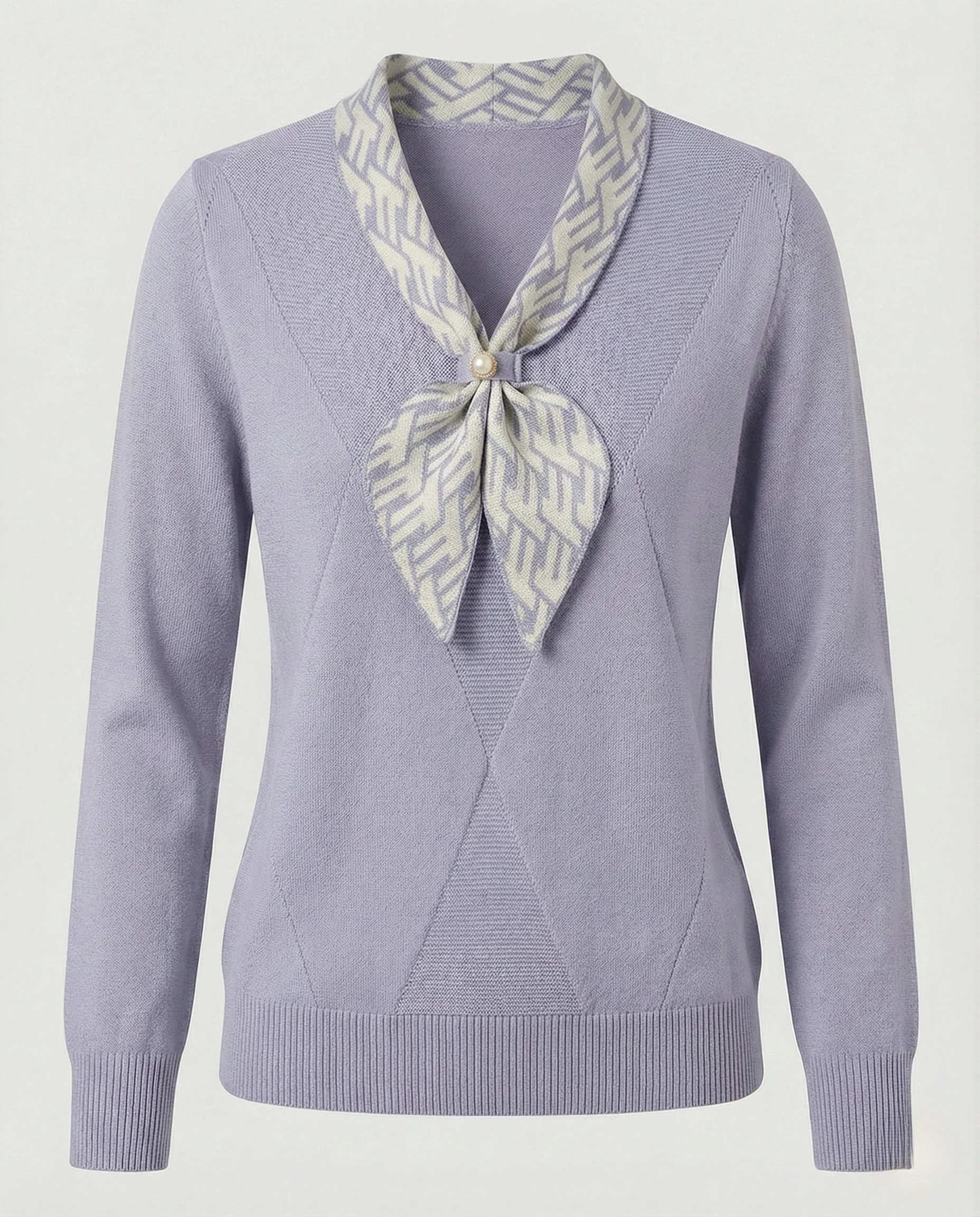 Feinstrickpullover mit integriertem Schleifenkragen, Perlenbrosche und Rautendekor - Image 7