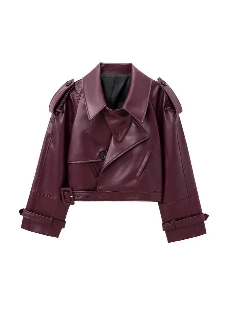 Damen Cropped Leder Motorradjacke mit Asymmetrischem Revers Heidi-Mode - Image 2