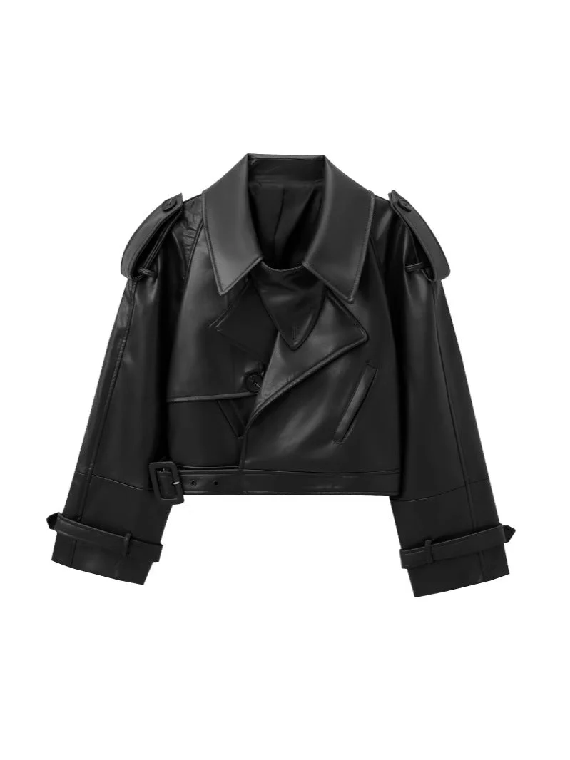 Damen Cropped Leder Motorradjacke mit Asymmetrischem Revers Heidi-Mode - Image 4