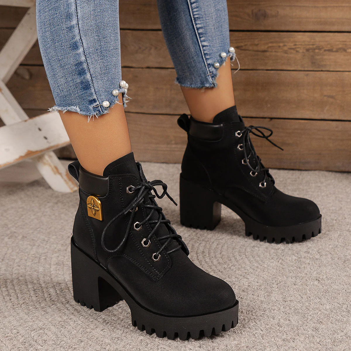 Damen Chunky Heel Combat Boots mit Robuster Sohle und Stilvollem Schnürung Heidi-Mode - Image 9