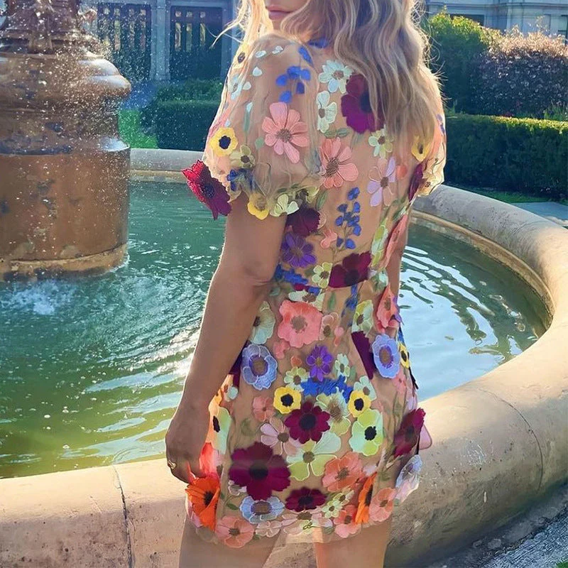 Heidi-Mode | 3D-Blumen-Bodycon-Laternenärmel-Besticktes Kleid - Image 2