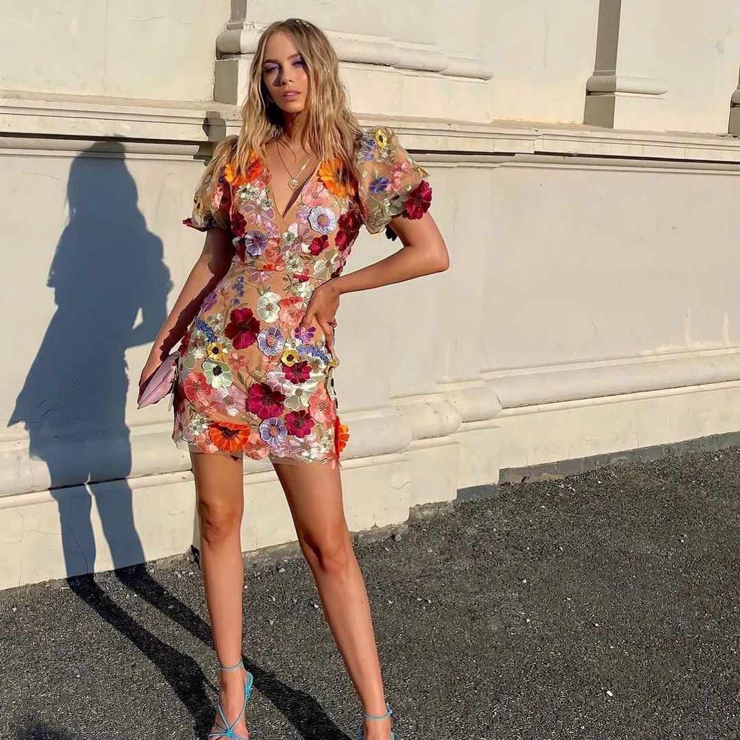 Heidi-Mode | 3D-Blumen-Bodycon-Laternenärmel-Besticktes Kleid - Image 3