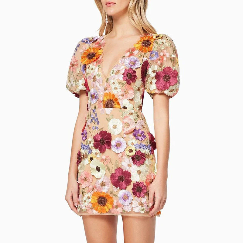 Heidi-Mode | 3D-Blumen-Bodycon-Laternenärmel-Besticktes Kleid - Image 5