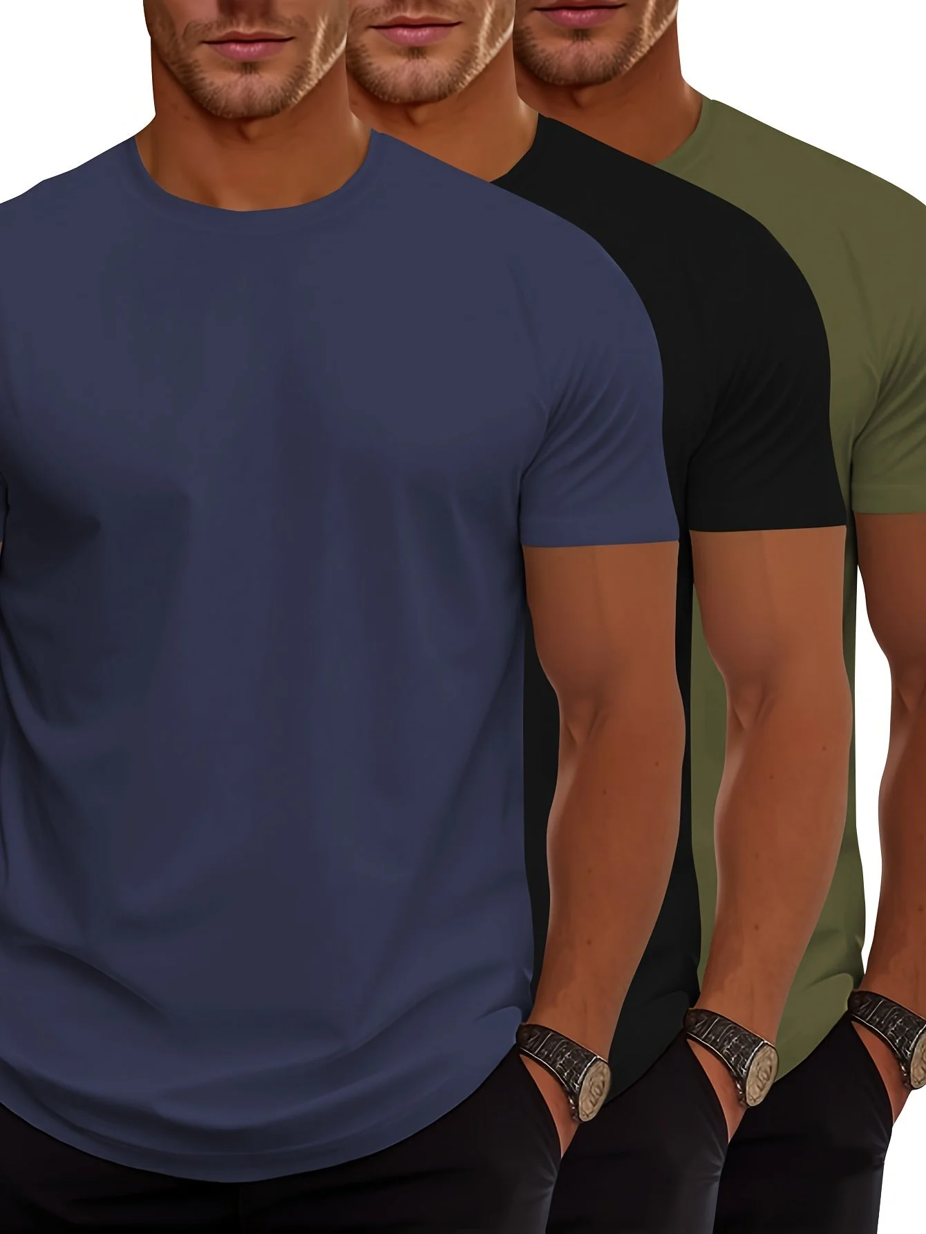 Heidi-Mode | 3Er Pack Herren T-Shirts mit Kurzen Ärmeln, Sommerliche Einfarbige Farbe - Image 13