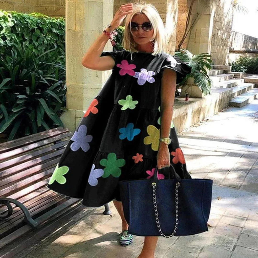 Heidi-Mode | A-Linienkleid Knielang Kurzarm Florale Applikation Leichtgewicht - Image 2