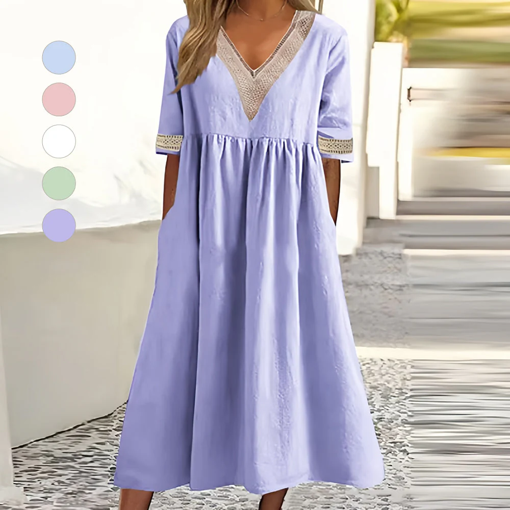 Heidi-Mode | A-Linien-Midi-Sommerkleid mit V-Ausschnitt und Kurzen Ärmeln für Damen - Image 4