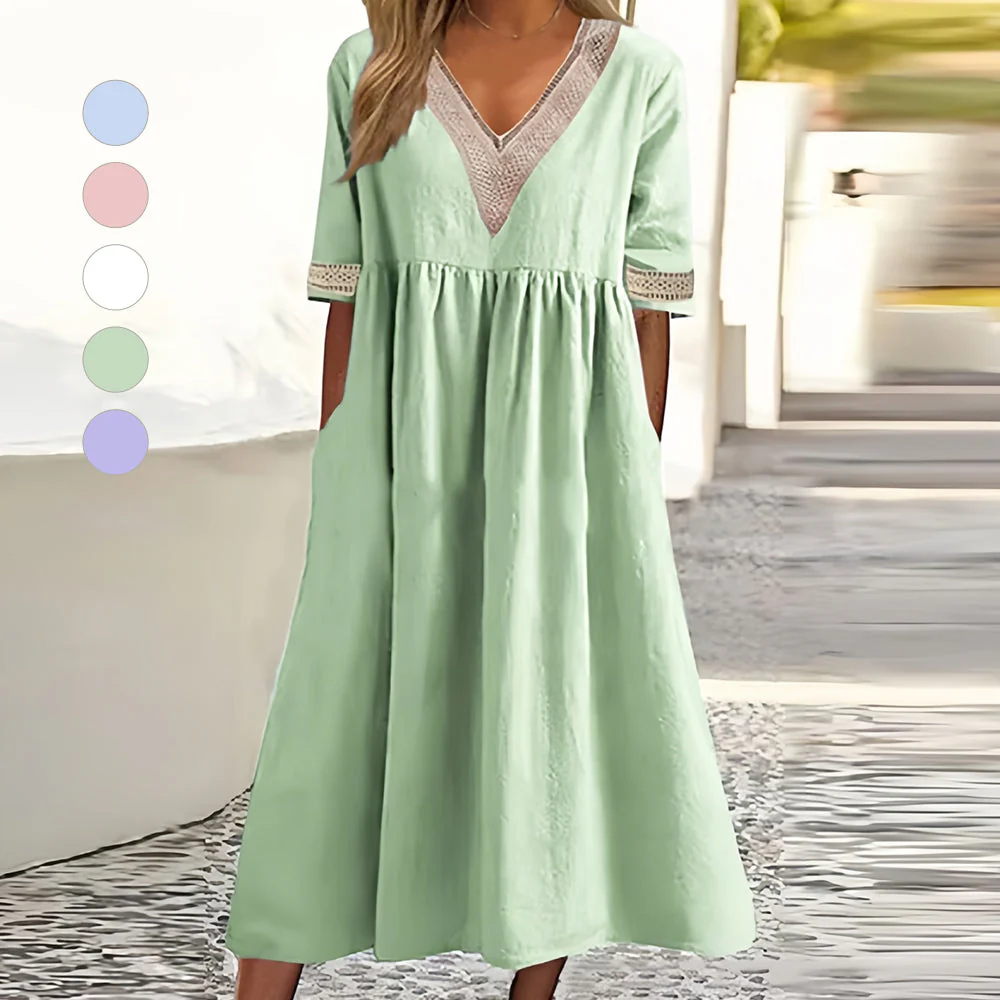 Heidi-Mode | A-Linien-Midi-Sommerkleid mit V-Ausschnitt und Kurzen Ärmeln für Damen - Image 5