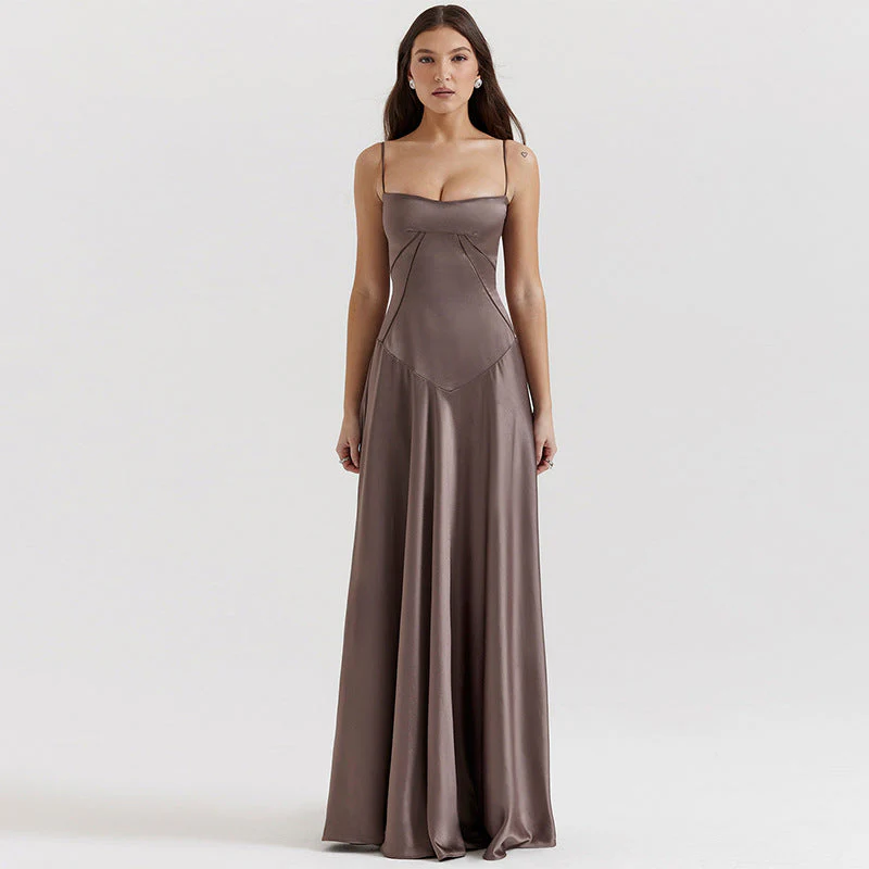 Heidi-Mode | Abendkleid Satin Glanz Spaghetti Träger Rückenfrei Schmaler Schnitt Elegantes Kleid - Image 5