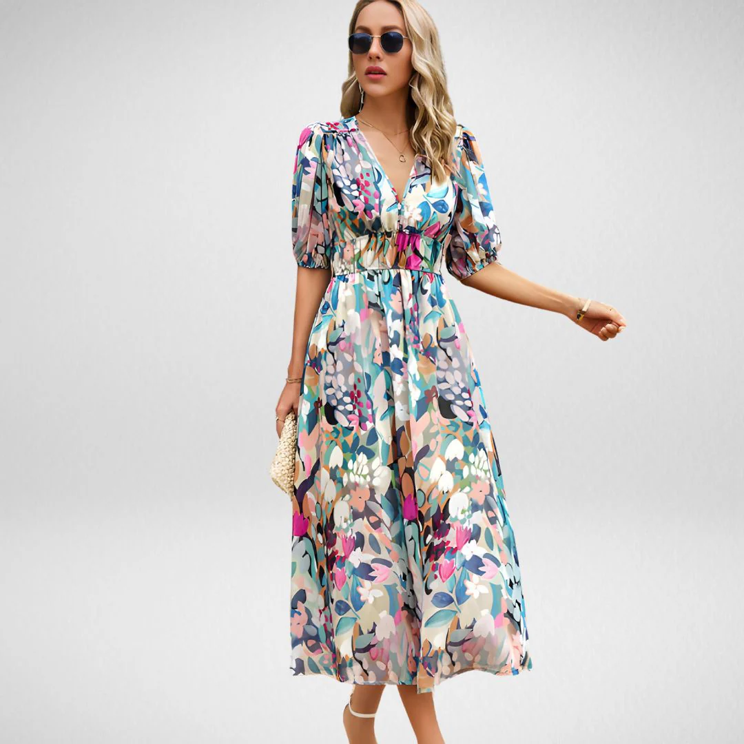 Heidi-Mode | Abstrakt Bedrucktes Maxikleid mit Puffärmeln - Image 5