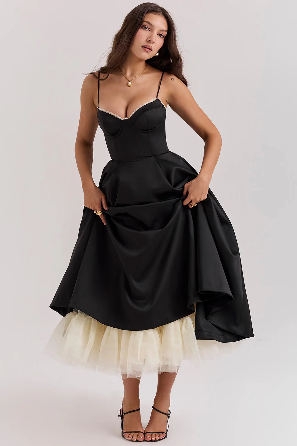 Heidi-Mode | A-Linie Midi Kleid Spaghetti Träger Spitzen Detail Elegante Formelle Kleidung - Image 7
