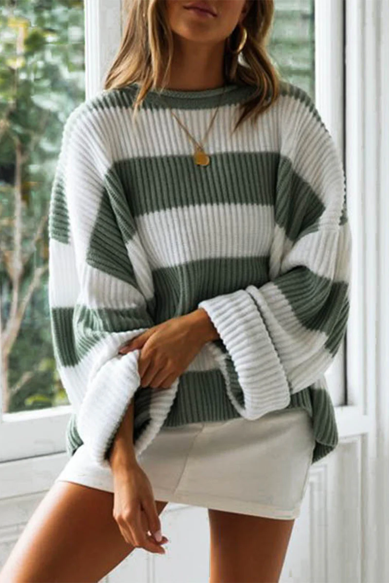 Heidi-Mode | Modische Süße Gestreifte Kontrast-O-Ausschnitt Pullover - Image 5