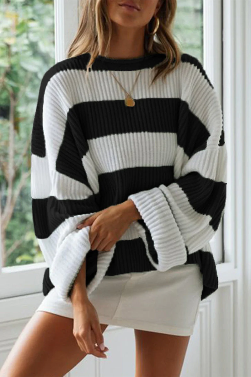 Heidi-Mode | Modische Süße Gestreifte Kontrast-O-Ausschnitt Pullover - Image 7