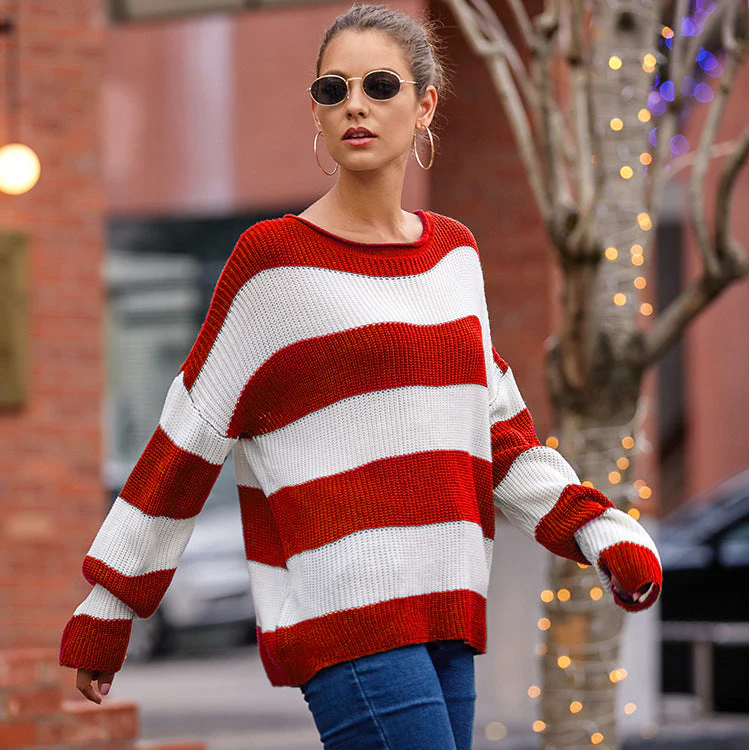 Heidi-Mode | Modische Süße Gestreifte Kontrast-O-Ausschnitt Pullover - Image 9