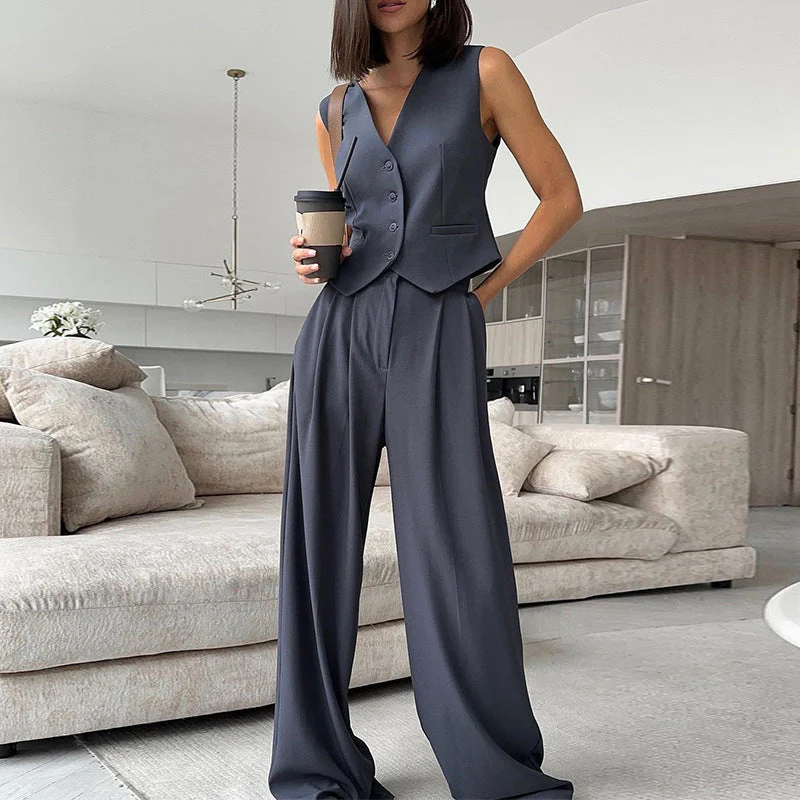 Heidi-Mode | Ärmellose V-Ausschnitt Weste mit Weitem Bein Hose Ensemble - Image 10