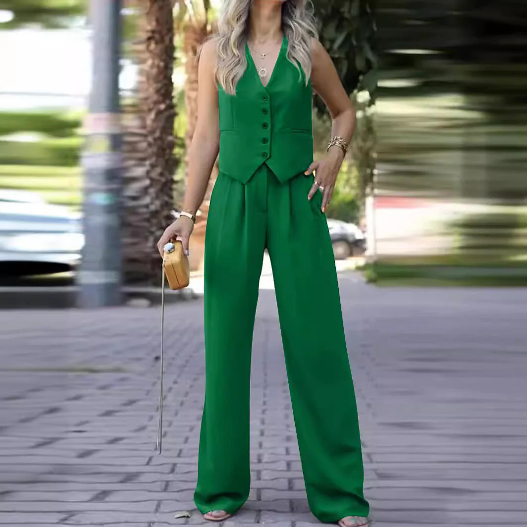 Heidi-Mode | Ärmellose V-Ausschnitt Weste mit Weitem Bein Hose Ensemble - Image 2