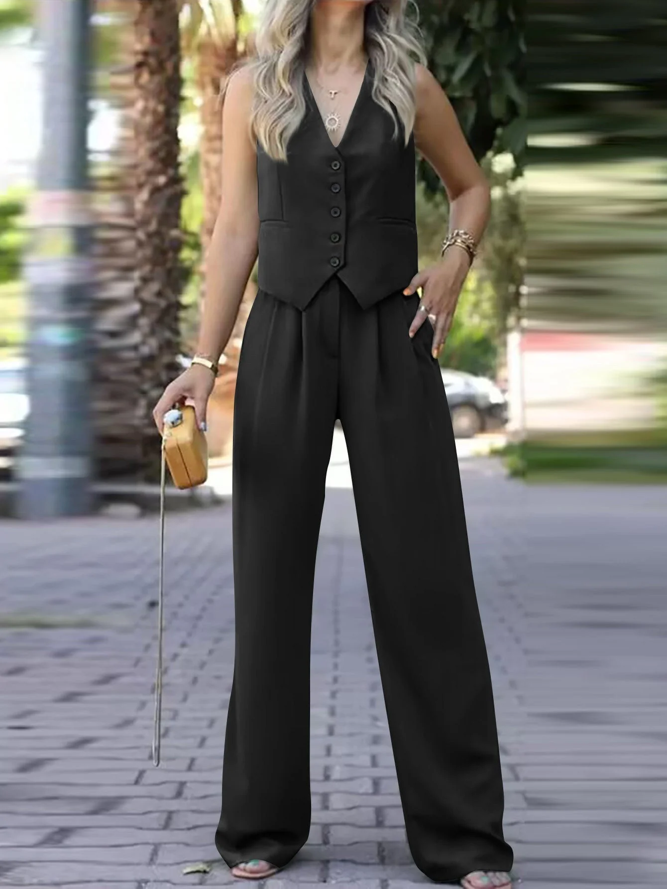 Heidi-Mode | Ärmellose V-Ausschnitt Weste mit Weitem Bein Hose Ensemble - Image 4