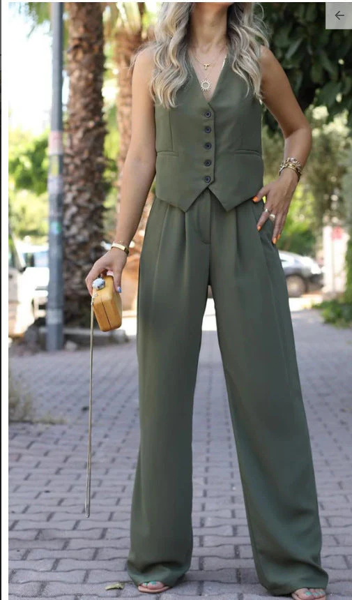 Heidi-Mode | Ärmellose V-Ausschnitt Weste mit Weitem Bein Hose Ensemble - Image 5