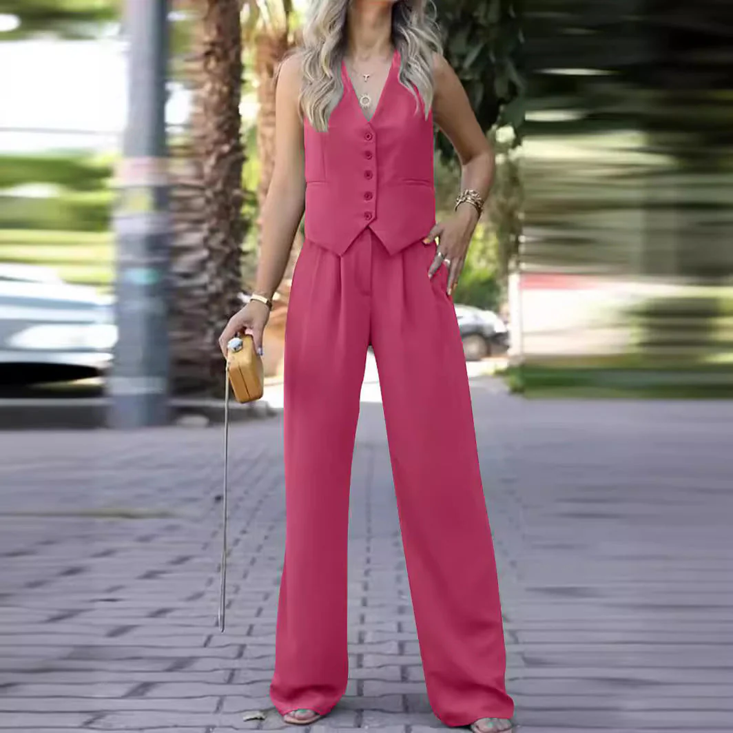 Heidi-Mode | Ärmellose V-Ausschnitt Weste mit Weitem Bein Hose Ensemble - Image 9