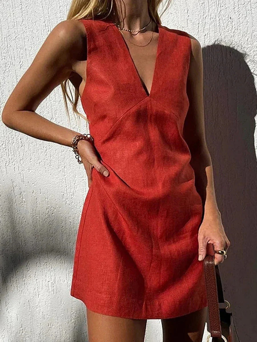 Heidi-Mode | Baumwoll-Leinen V-Ausschnitt Ärmelloses Slim Fit Tankkleid - Image 4
