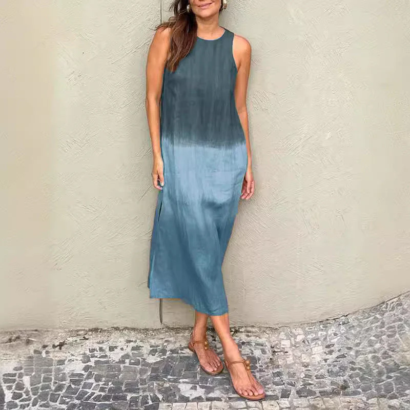 Heidi-Mode | Baumwolle Leinen Ärmelloses Schlitz Gradient Kleid - Image 2