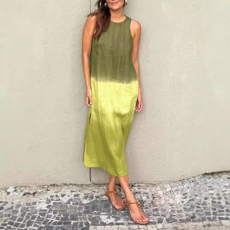 Heidi-Mode | Baumwolle Leinen Ärmelloses Schlitz Gradient Kleid - Image 3
