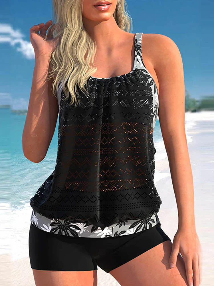 Heidi-Mode | Übergröße Tankini Satz mit Spitzennaht und Blattmuster - Image 4