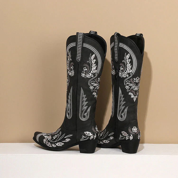 Heidi-Mode | Bestickte Western Denim Retro Damen Knielange Stiefel - Image 2